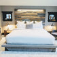 The King Kristopher Weathered driftwood finish platform bed base modern Industrial steel accents, lit staggered patched reclaimed wood art h
