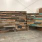 Rustic modern industrial patched wood headboard art standard leg installation