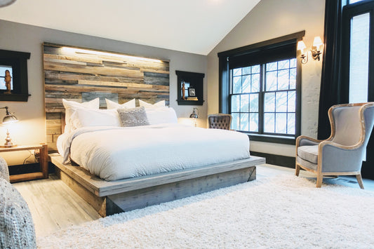 The King Kristopher Weathered driftwood finish platform bed base modern Industrial steel accents, lit staggered patched reclaimed wood art h