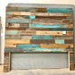 Rustic modern industrial patched wood headboard art standard leg installation