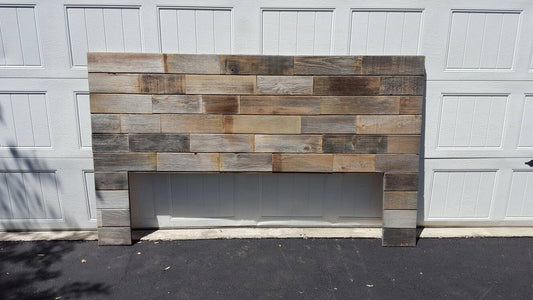 Rustic modern industrial patched wood headboard art standard leg installation